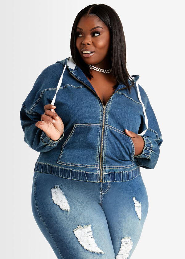 Plus Size Hooded Jacket Denim Joggers 2 Piece Outfit