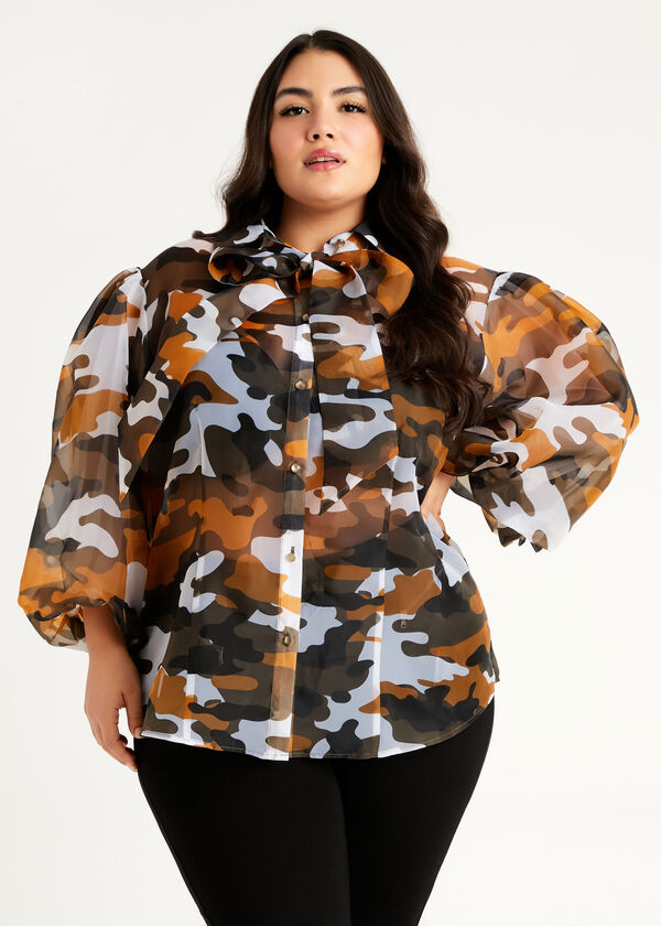Camo Organza Puff Sleeve Top, Olive Night image number 0