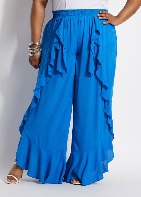 Ruffle Gauze Tie Front Pant, Victoria Blue image number 0