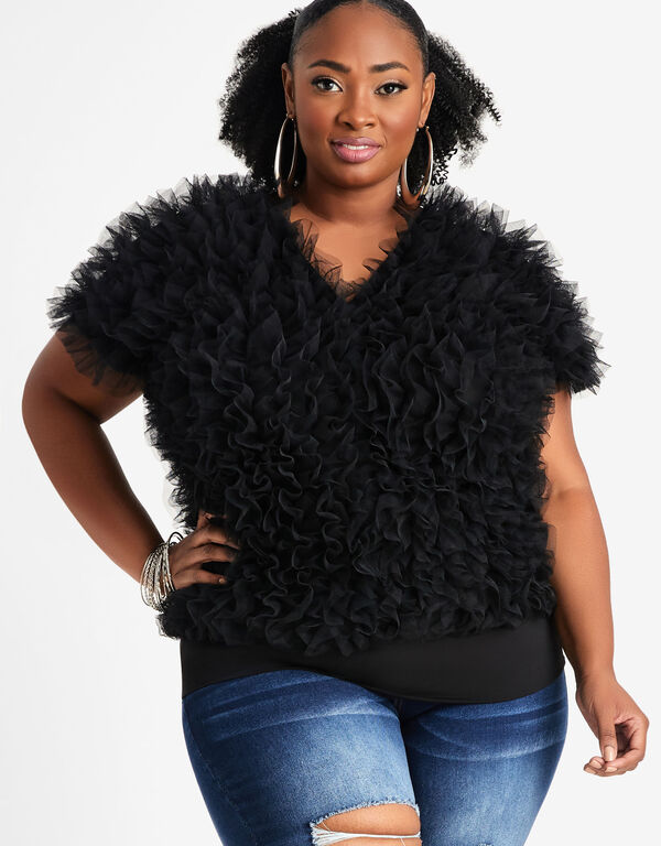 Ruffled Tulle Jersey Top, Black image number 0