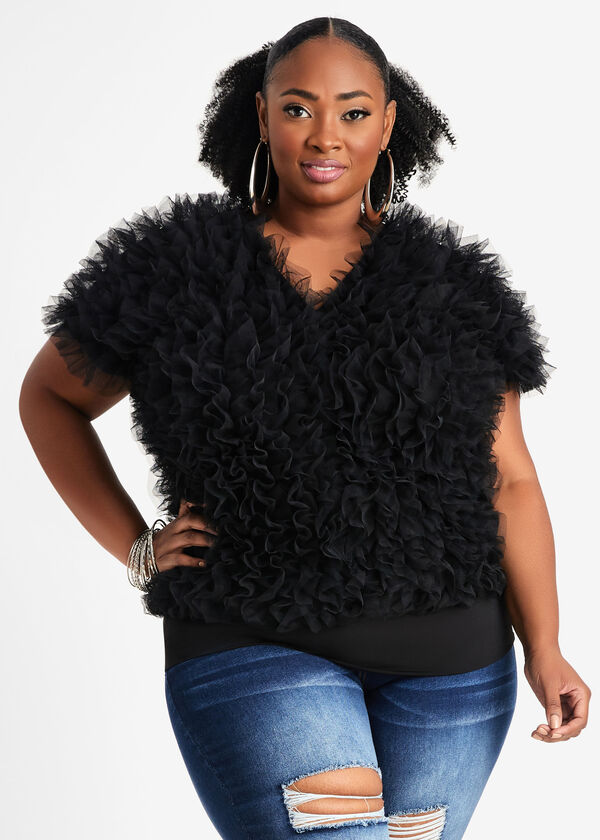 Ruffled Tulle Jersey Top, Black image number 0