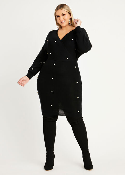 Pearl Dolman Sleeve Sweater Dress, Black image number 0