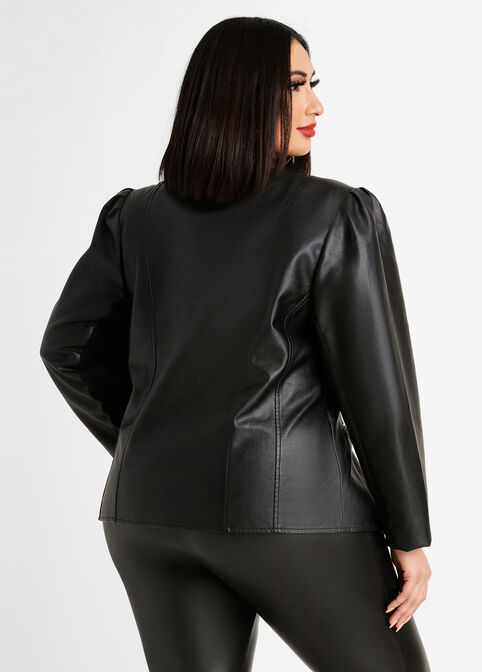 Faux Leather Puff Sleeve Jacket, Black image number 1
