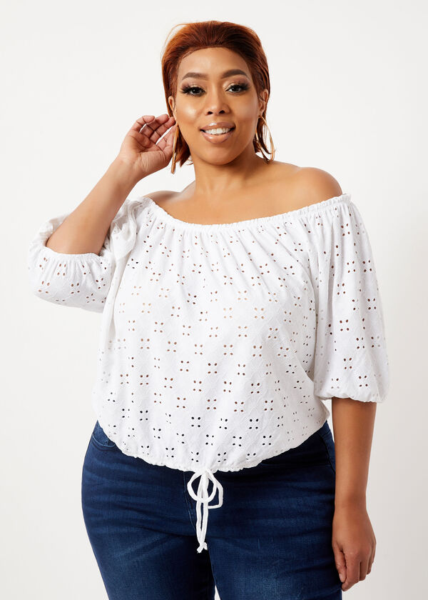 Plus Size Knit Eyelet Off The Shoulder Tie Front Peasant Summer Tops
