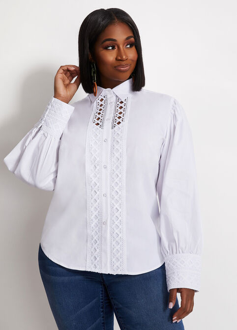 Crochet Trim Puff Sleeve Button-Up, White image number 0