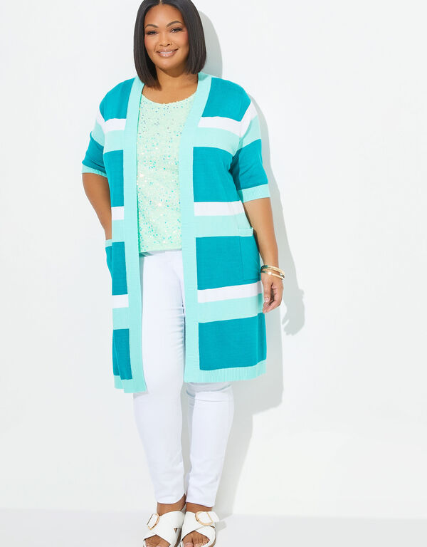 Short Sleeved Striped Knit Duster, Ice Green image number 0