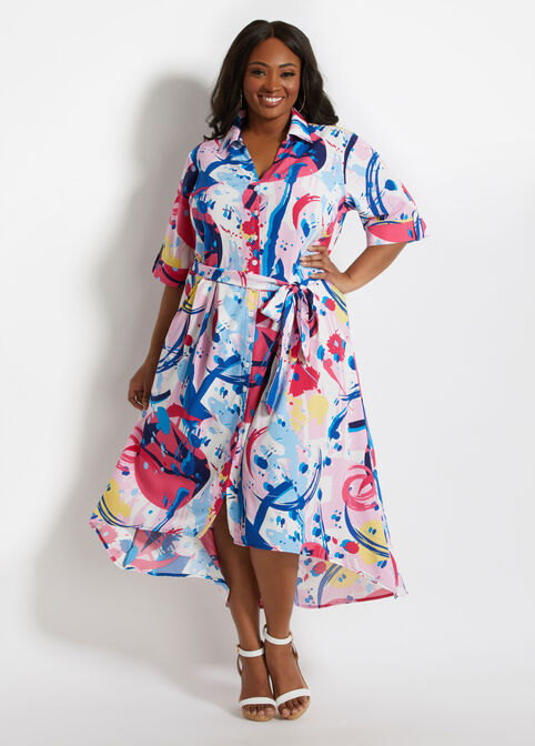 Belted Abstract Maxi Shirtdress, Pink Carnation image number 0