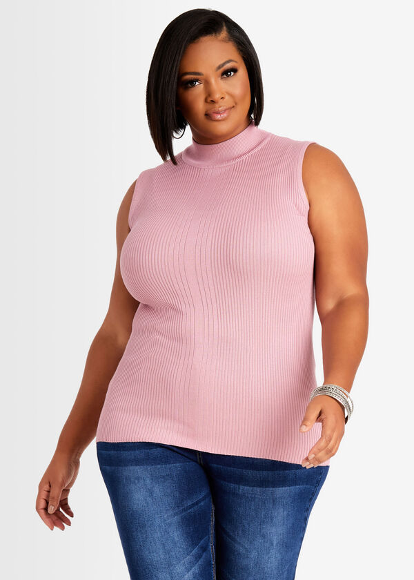 Plus Size Chic Mock Neck Ribbed Knit Stretch Sleeveless Sweater image number 0