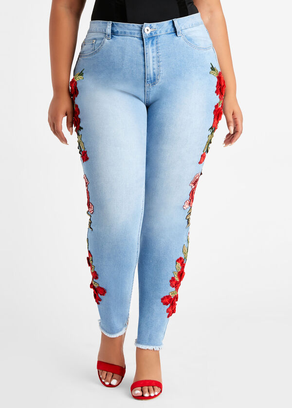 Plus Size Floral Embroidery Crop Raw Edge Denim Jacket Skinny Jean Set