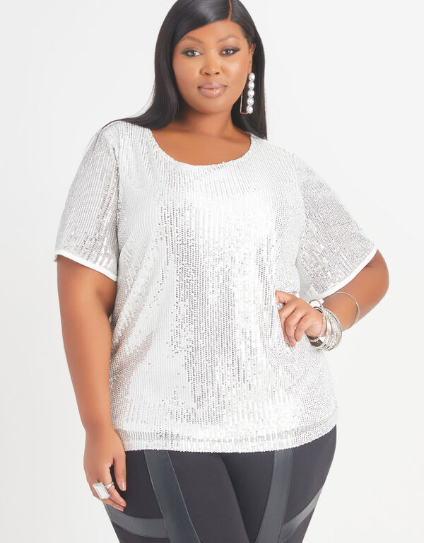 Sequin Paneled Stretch Knit Top, Silver Filigree image number 0