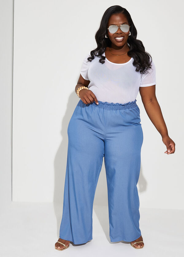 Gathered High Rise Wide Leg Pants, Blue image number 0