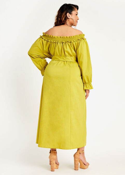 Belted Ruffle Off Shoulder Dress, Citronelle image number 1