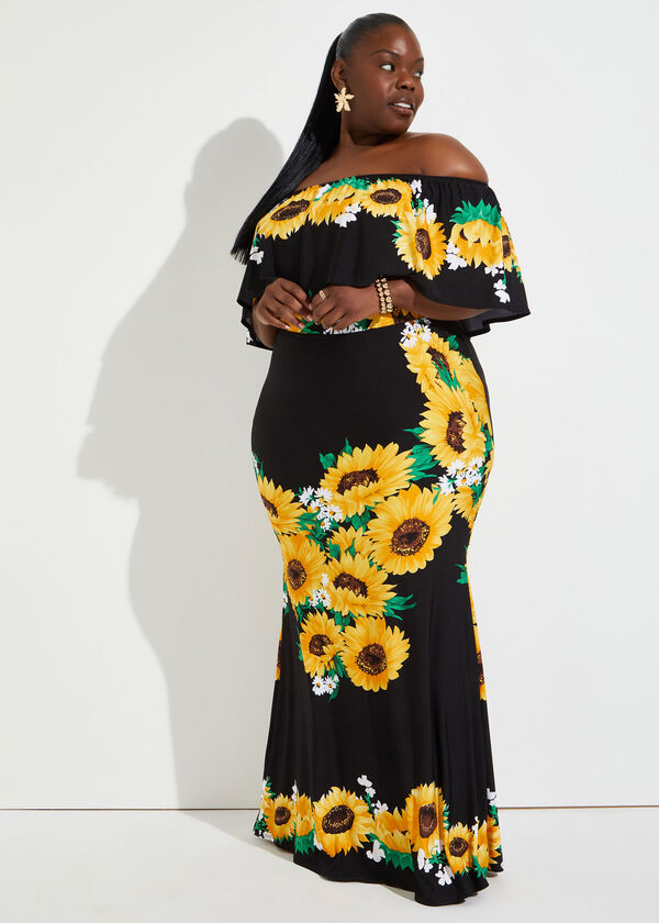 Sunflower Off The Shoulder Dress, Black Combo image number 0