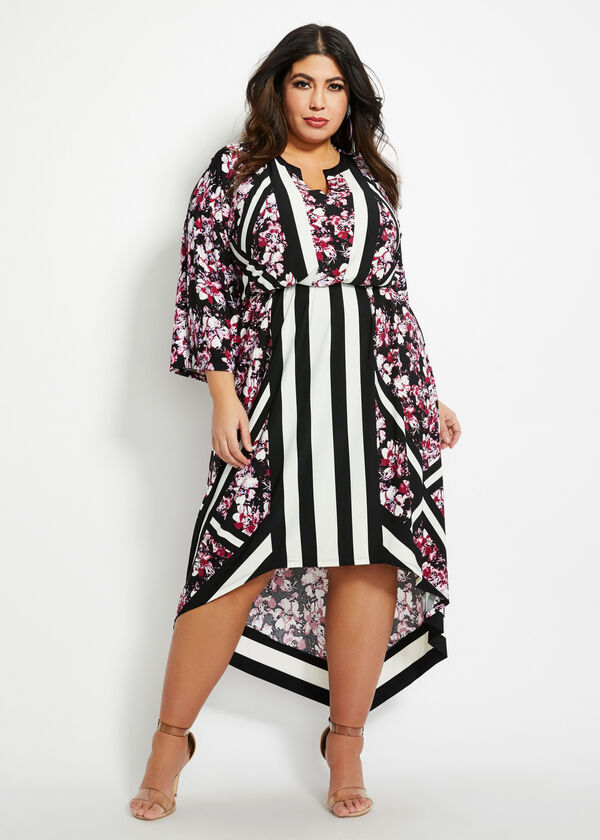 Plus Size Floral Striped V Neck Hi Low Knit Sexy Summer Party Dress