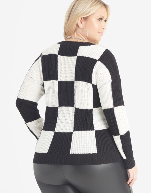 Cropped Checked Knit Cardigan, Black White image number 1