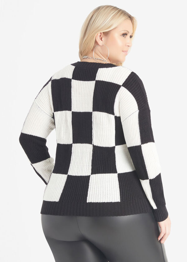 Cropped Checked Knit Cardigan, Black White image number 1