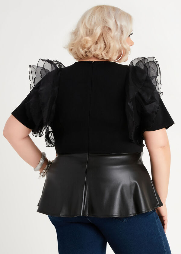 Ruffle & Faux Leather Peplum Top, Black image number 1