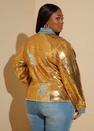 Sequined Distressed Denim Jacket, Gold image number 1
