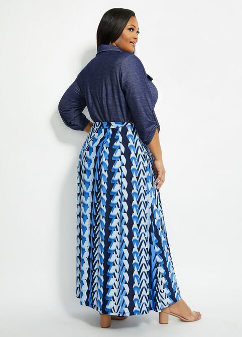 Belted Abstract Maxi Shirtdress, Blue image number 1