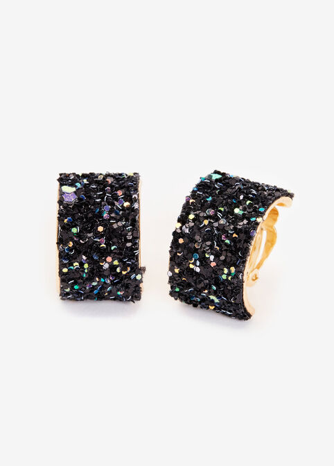 Glitter Huggie Clip On Earrings, Black image number 0