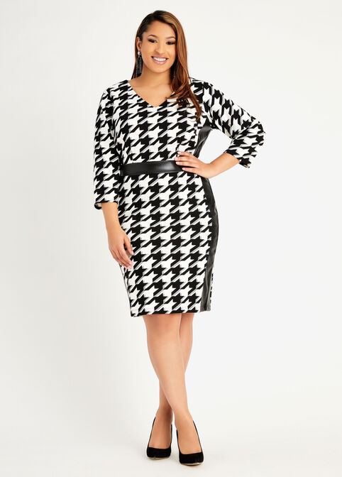 Faux Leather & Houndstooth Dress, Black White image number 0