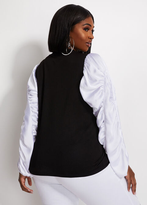 Colorblock Satin Ruched Sleeve Top, Black image number 1
