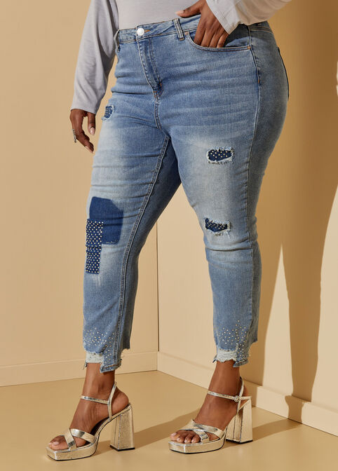 High Rise Embellished Skinny Jeans, Medium Blue image number 2