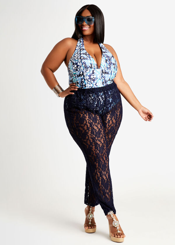 Floral Lace Swim Cover Up Pant, Navy image number 2