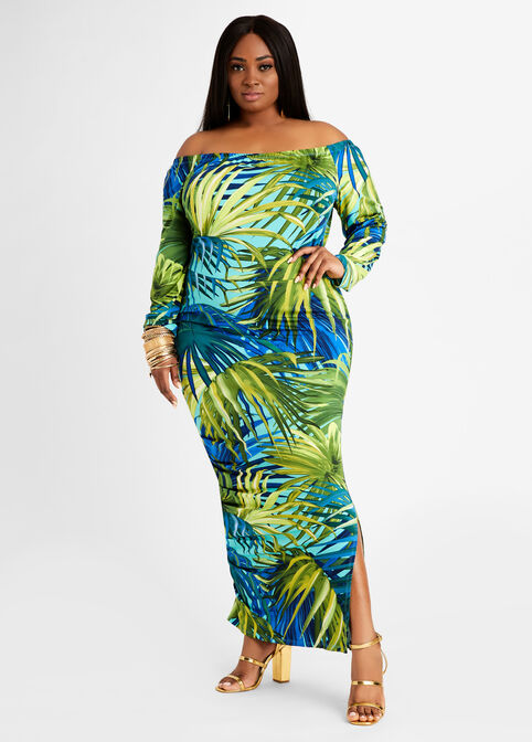 Palm Tree Off The Shoulder Maxi, Multi image number 0