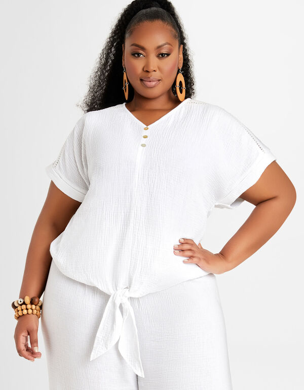 Tie Front Cap Sleeve Top, White image number 0