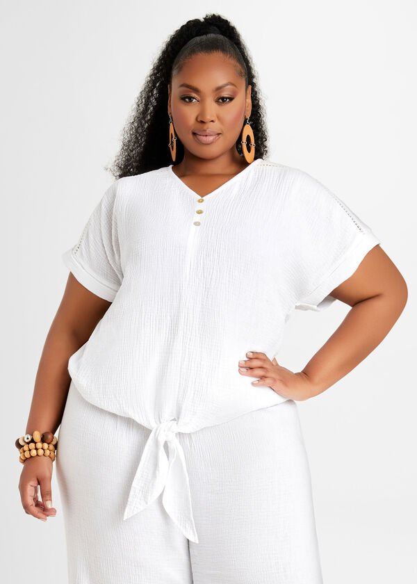 Tie Front Cap Sleeve Top, White image number 0