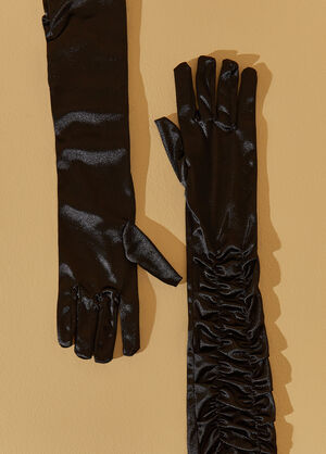 Ruched Satin Gloves, Black image number 1