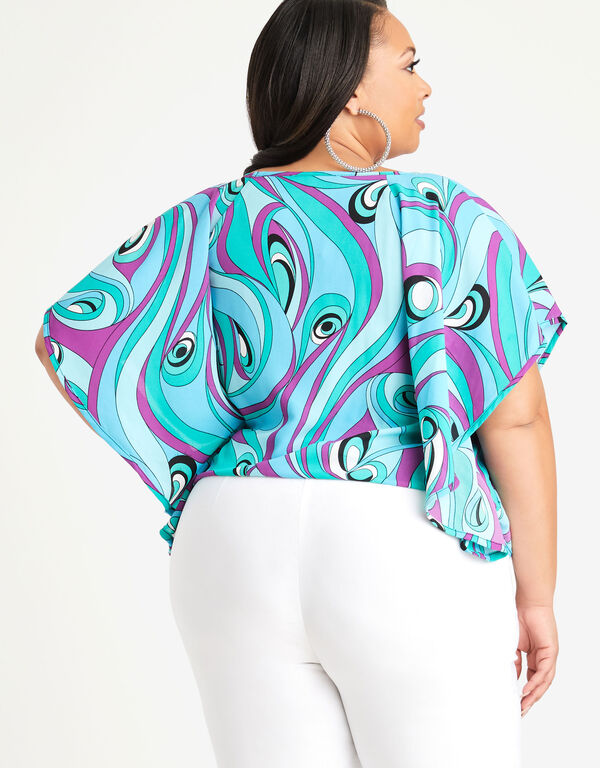 Abstract Tie Front Batwing Blouse, SCUBA BLUE image number 1