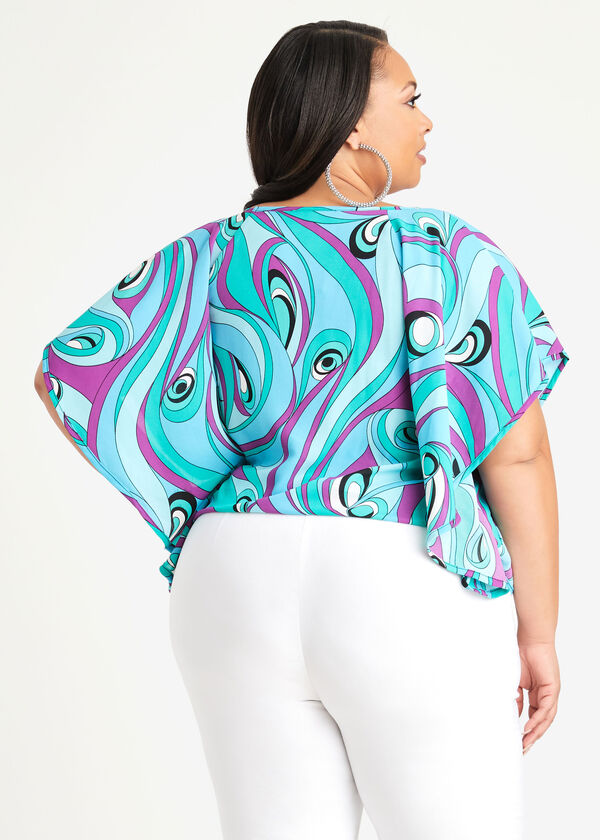 Abstract Tie Front Batwing Blouse, SCUBA BLUE image number 1