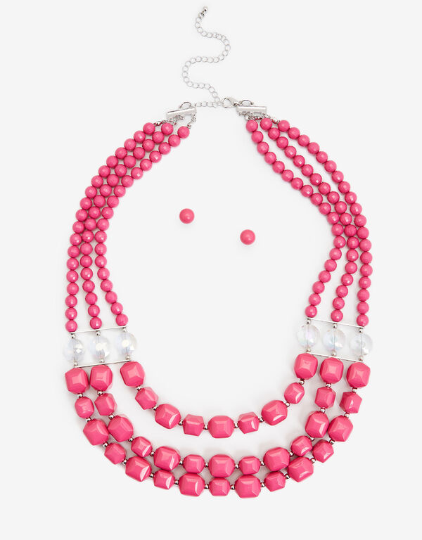 Layered Beaded Necklace Set, Fuchsia Red image number 0