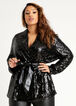 Belted Sequin Wrap Long Blazer, Black image number 0