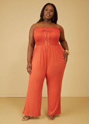 Strapless Lace Up Jumpsuit, Rust image number 0