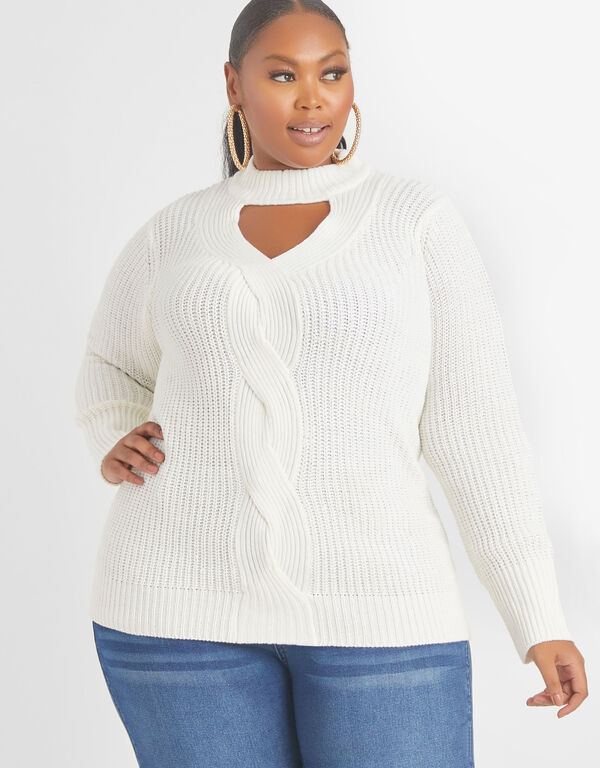Keyhole Cable Knit Sweater, White image number 0