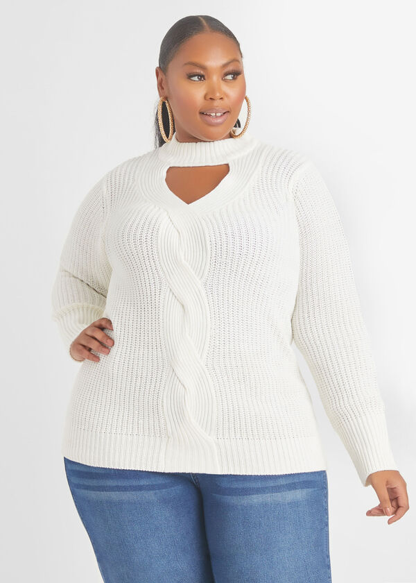 Keyhole Cable Knit Sweater, White image number 0