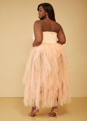 Strapless Tiered Tulle Gown, Orange image number 1