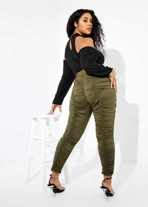 Trendy Plus Size Ruched High Waist Sexy Stretch Stacked Knit Joggers image number 0