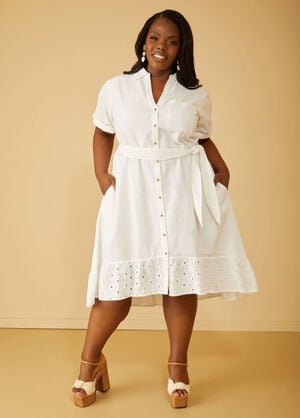 Embroidered Linen-Blend Dress, White image number 0