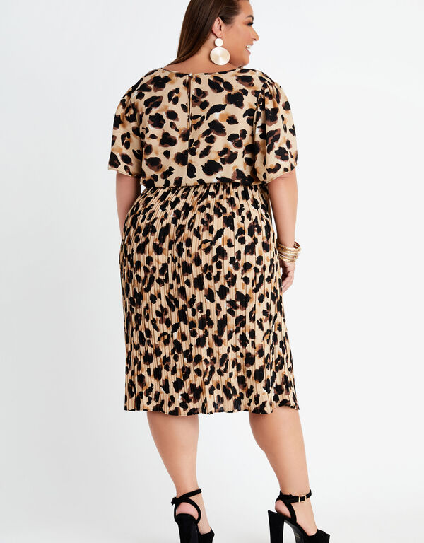 Leopard Print Pleated Midi Dress, Black Animal image number 1