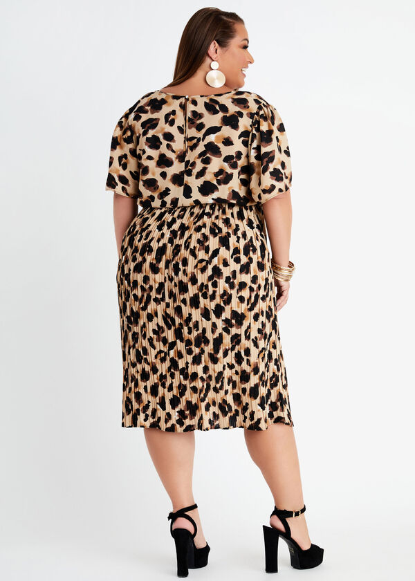 Leopard Print Pleated Midi Dress, Black Animal image number 1