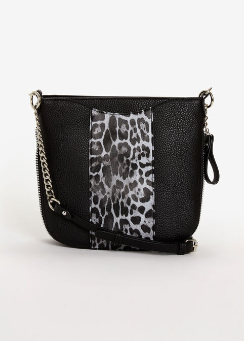 Faux Leather Leopard Trim Bag, Black image number 0