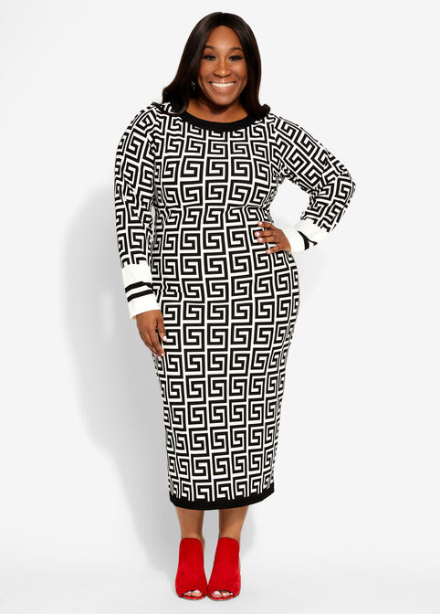 Plus Size Geo Colorblock Sheath Pique Stretch Knit Bodycon Chic Dress image number 0