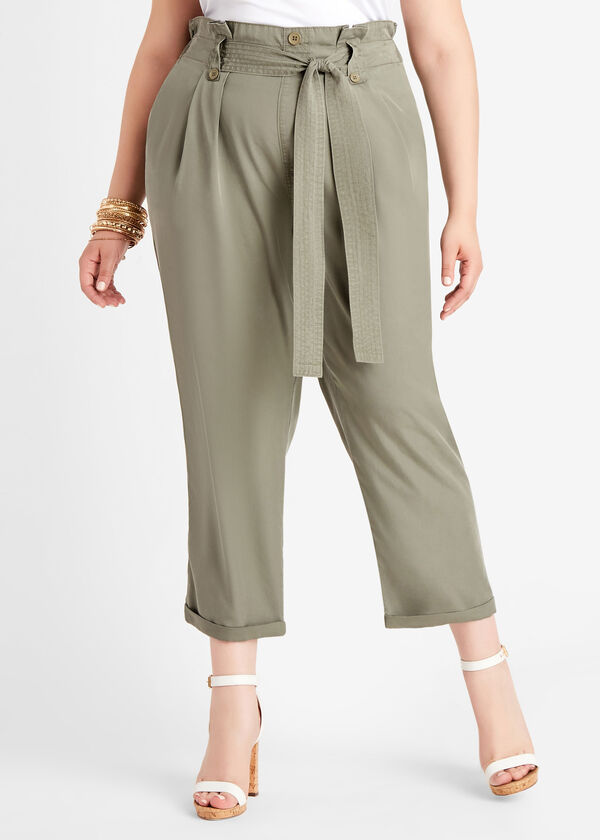 Tie Waist Cuffed Ankle Pant, Olive image number 0