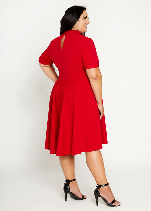 Mock Neck Fit & Flare Dress, Red image number 1