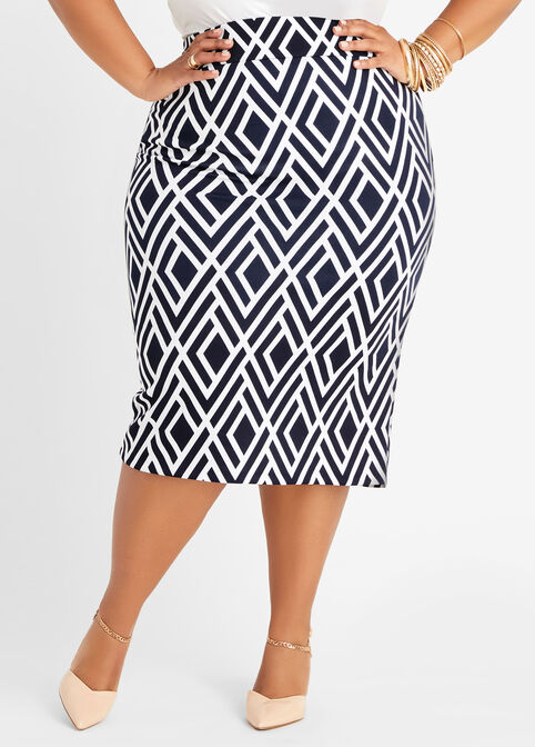 Geo Colorblock Knit Pencil Skirt, Navy image number 0