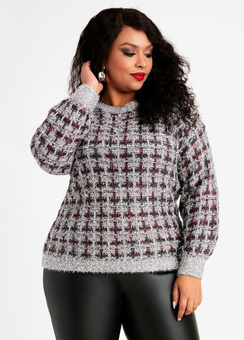Metallic Plaid Textured Sweater, Multi image number 0